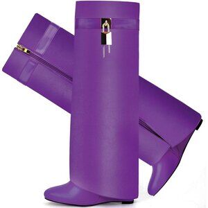 Women Faux Leather Purple Pull-on Wedge Heel Knee Shark Padlock Design Boot